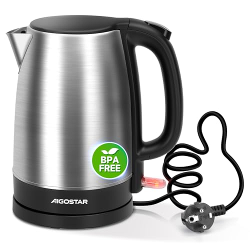 Aigostar Milo - Hervidor de Agua Eléctrico Pequeño, Hervidor de Acero Inoxidable de 2200W, 1,7 litros...