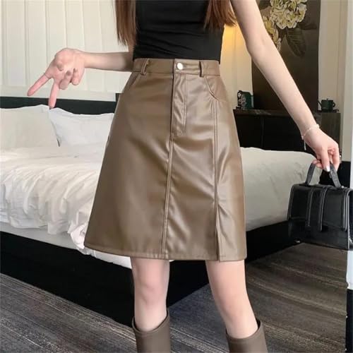 Women Zipper Pockets Button Korean High Waist Short A-Line Leather Skirt2