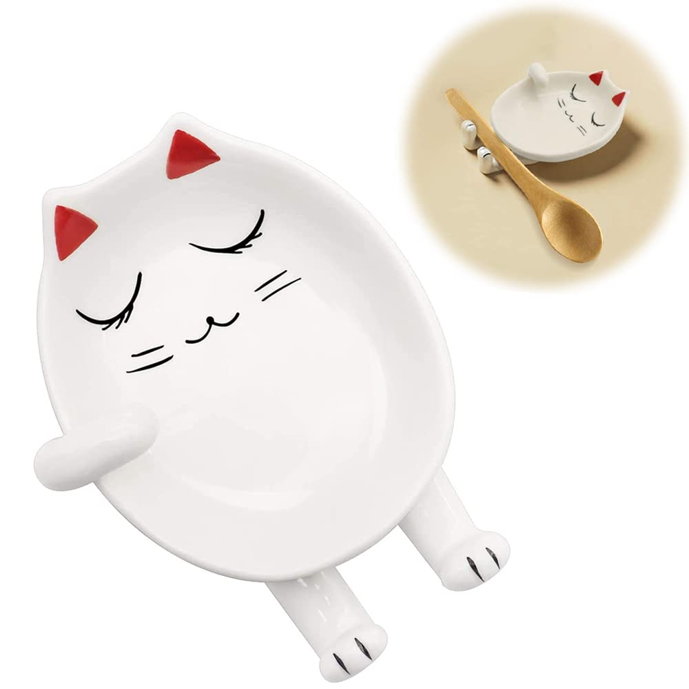 DELFINO Spoon Rest for Kitchen, Ceramic Cute Cat Spoon Holder for Cooking, Counter, Stove Top, Utensil Holder, Coffee Spoon Rest, Kitchen Decor, Cute Novelty Gift for Cat Lover (Red)