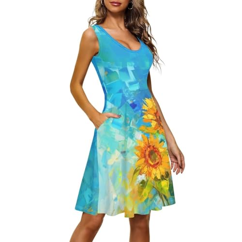 Image of TOADDITDO Women's Sleeveless O Neck Beach A-Line Party Coctail Tank Dresses Flared Sundress