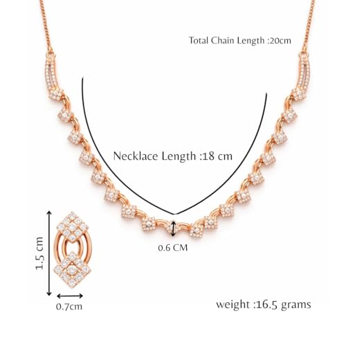Image of Nilu's Collection Rose Gold Plated American Diamond Floral Leaf Necklace Set with Matching Drop Earrings For Women And Girls | Anti-Tarnish | Anti-Allergy | Office Wear