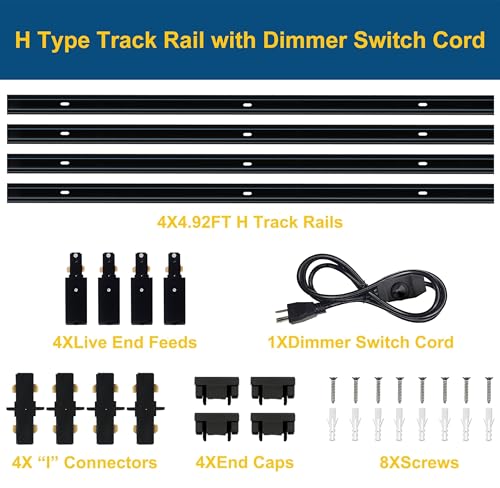 Image of Black Extra Long H Type Track Lighting Rails Kit with Dimmer Switch for Large Areas 19.7FT Track Lighting System Single Circuit 3-Wire-1 H Track Rail with 4 I Connectors, Made of Aluminum