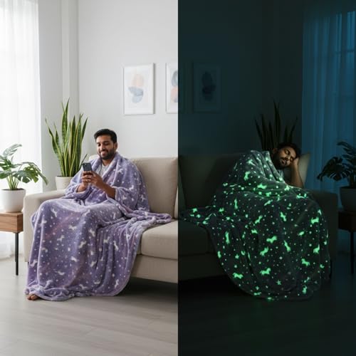 Image of Famyo Glow in The Dark Winter Blanket | Soft & Cozy Flannel Fleece Throw | Blanket for Winter Double Size, | Perfect All-Season Warm Blanket for Double /Queen Bed (Purple Unicorn, 200x152 cm)