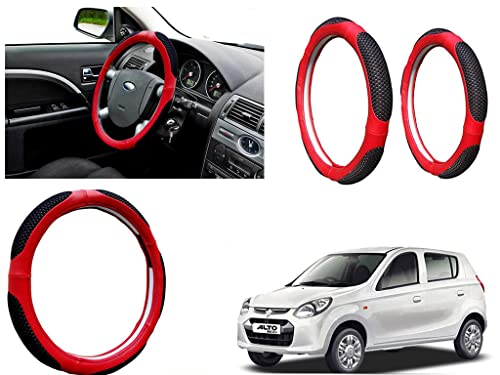 Image of Microfiber Car Steering Wheel Cover, Soft Padding Great Hand Feel, Anti-Slip, Faux Leather Steering Cover for Maruti Suzuki Alto 800 | Black Red Jali - Pack of 1