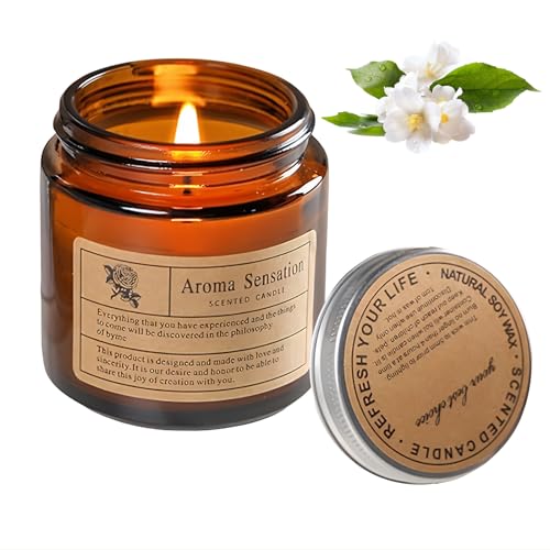 Scented Candles, Highly Scented with Natural Plant Essential Oils, 200g Natural Wax for Long, Aromatherapy Candle in Retro Brown Glass Jar for Calming & Stress Relief(Gardenia)