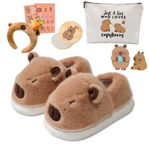 Plush Capybara Slippers Cute House Slippers for Women - Fluffy Memory Foam Comfort Wear Cloud Shoes, Kawaii Animals Christmas Gift, Capy Makeup Set Includes Cosmetic Bag & Mirror & Headband & Stickers