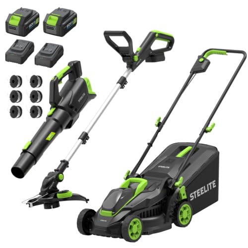 STEELITE 3-in-1 Cordless Lawn Mower, String Trimmer/Edger and Leaf Blower Combo, 20V Yard Tool Kit with 2 x 4.0Ah Batteries & 2 Chargers, 13 Inch Brushless Battery Powered Lawn Mower for Small Yards