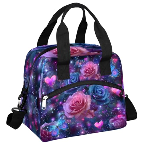 oooJHooo Lunch Bag for Women Adult Rose Flower Butterfly Reusable Insulated Lunch Box with Adjustable Shoulder Strap,Waterproof Portable Cooler Tote Bags for Work Picnic Beach Travel Office,Q-05