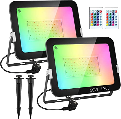 T-SUN RGB Foco LED 2X50W Foco Proyector Exteriores Interior con Control Remoto, IP67 Impermeable LED Reflecto 16 colores 4 modos Luces de Humor para Fiesta Jardín Halloween, Decoración Navideña Cover