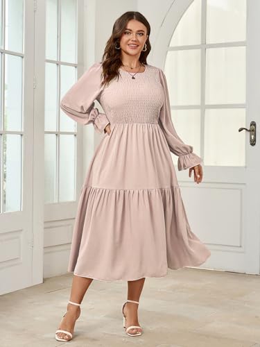 Image of SHESTARR Women's Plus Size Dress Long Sleeve Crewneck Smocked Tiered Flowy Boho Wedding Party Maxi Dresses