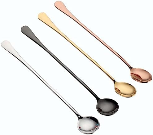 CosCosX 4 Pcs 8-inch Long Handled Spoon, Coffee Spoon, Ice Cream Spoon, Tea Spoon, Stainless Steel Cocktail Stirring Mixing Spoons (4 Round Head Spoons) SILVER GOLD ROSEGOLD BLACK