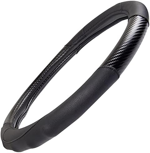 Motor Trend GripDrive Black Carbon Fiber Steering Wheel Cover, Standard 15 inch Size, Black Faux Leather Comfort Grip, Car Steering Wheel Cover for Auto Truck Van SUV