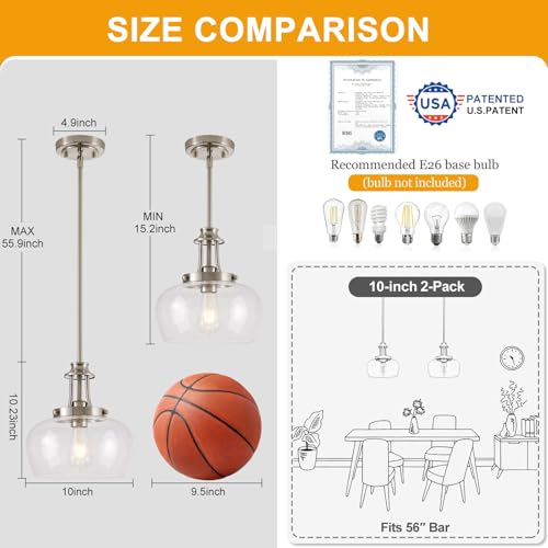 Image of Modern Pendant Lights Kitchen Island, Brushed Nickel Pendant Light Fixtures with 10 inch Clear Glass Shade, Industrial Hanging Pendant Lights Fixture for Kitchen Island Dining Room Bedroom Foyer Entryway