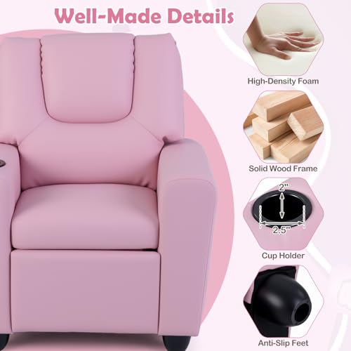 Image of Costzon Kids Recliner Chair with Cup Holder, Toddler Adjustable Lounge Chair w /Footrest for Girls Room, Ergonomic Baby Child Furniture Sofa for Age 3+ Gifts, Kids Pink Mini Recliner up to 150 lbs