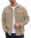 Herberton Mens Cozy Warm Jacket 60S Ribbed Shacket 2 Pockets Button Casual Corduroy Long Sleeve Flap Pockets Button Shirt Khaki XL