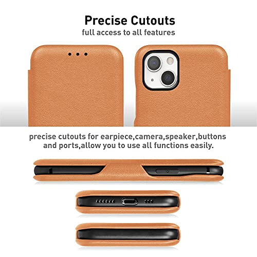 Image of PULOKA for iPhone 14 - Sleek Flip Case - Premium Vegan Leather Phone Cover with Card Slot - Slim, Durable, Privacy Protection - Kickstand Function - Elegant Flip Wallet Cases for Apple - TAN