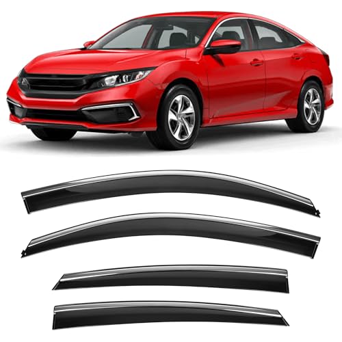 Image of Shatterproof Taped-On Window Deflectors for Honda Civic 2016-2021 (Not for Hatchback) with Chrome Trim, Rain Guards, Window Visors for Car, Vent Deflector, 4pcs