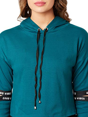 Image of Miss Chase Women's Mustard Hooded Full Sleeves Solid Boxy Drawstring Cut-Out Crop Sweatshirt