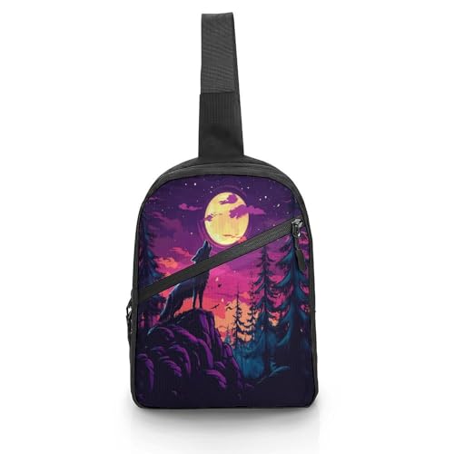 Wolf Howling at The Moon Chest Bag Foldable Crossbody Unisex Pack Travel Hiking Adjustable Shoulder Straps Sling Bags