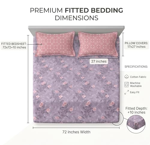 Image of HOMEKART Cotton Contrast Fitted Bedsheet for King Size Bed 72x72+10 Inch with 2 Pillow Covers 17x27 Inch | All Round Elastic | TC 144 Soft, Breathable Floral Printed Bedsheet (Lavender Mist)