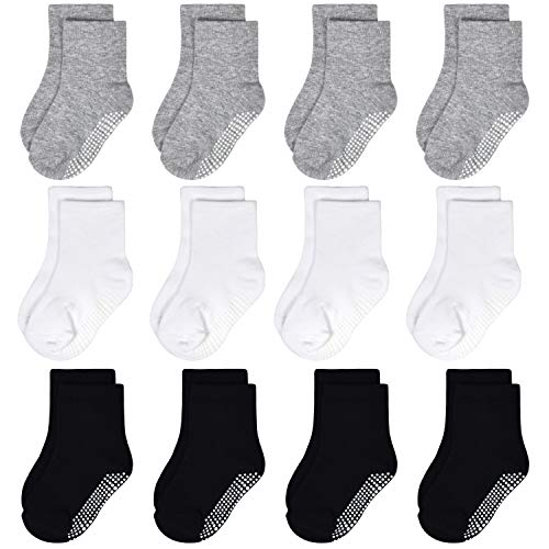 Baby Non Slip Socks 12 Pairs with Grips Anti Skid Sticky Socks for 6-12 Months Toddler Little Boys Girls Infants Kids (#1 12 Pairs Black+Grey+White, 6-12 Months)