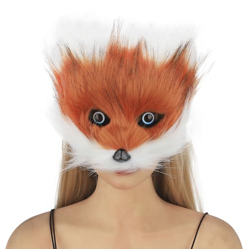 JIAHG Masque de Renard en Fausse Fourrure avec les Yeux Réalistes Masque d'Animal Peluche Cosplay Soirée à Thème Demi-visage Déguisement Halloween Carnaval Noël