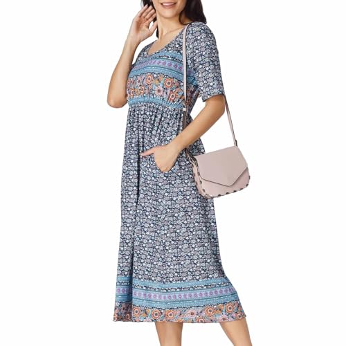 Women's Boho Floral Maxi Dress Casual Boho 2025 Summer Short Sleeve Beach Dresses with Pockets3