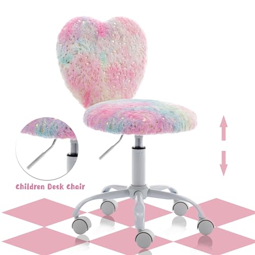 Image of Kmax Kids Reading Chair, Rolling Cute Desk Chair for Girls Swivel Office Chair with Wheels & Heart Back Adjustable Childrens Vanity Chair for Bedroom Reading Room - Faux Fur, Colorful