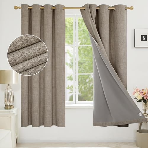 Deconovo Total Blackout Curtains with Coating Back Layer, Thermal Faux Linen Thick Full Light Blocking Eyelet Curtains for Bedroom, 46 x 72 Inch(Width x Length), Linen, One Pair