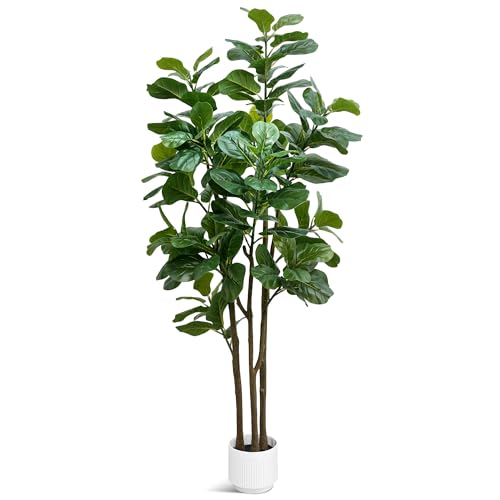 Faux Fiddle Leaf Fig Tree, 6ft Faux Plant Fake Ficus Silk Trees w...