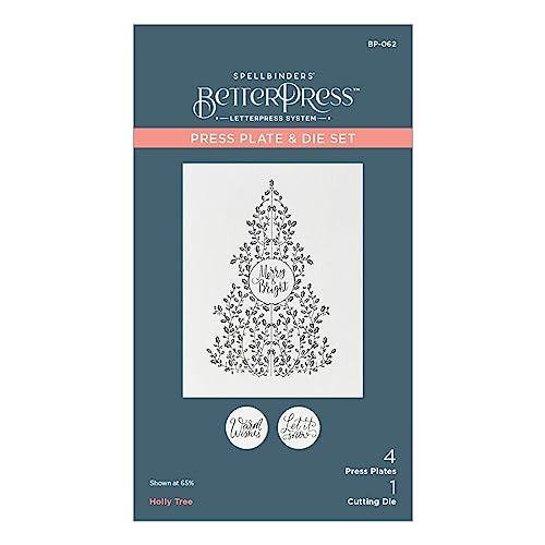 Spellbinders Holly Tree Press Plate & Die Set from The BetterPress Christmas Collection, METAL, 3.00 x 4.65 inches