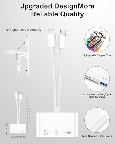 SD Card Reader for iPhone17/iPad/Mac, USB C and Lightning Dual Port Memory Card Adapter, 3-IN-1 Camera SD Card Viewer Support SD, Micro SD, USB 3.0 Slot, Digital Camera Adapter for Samsung and Android - Thumbnail 3