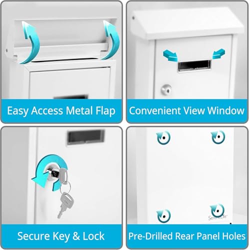 Serenelife Weatherproof Wall Mount Locking Mailbox Galvanized Steel Drop Box with Metal Flap for Mail Letters, Newspaper, Money Box, Decorative Mailboxes for Outside, Home Office, Businesses by SereneLife - Image 3