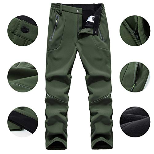 BWBIKE Outdoor Wanderhose Fleece Gefütterte Trekkinghose Winddichte Softshellhose Winter Warm Wasserabweisende Sporthose mit Reißverschlusstaschen， Armee Grün，EU L = Tag XL