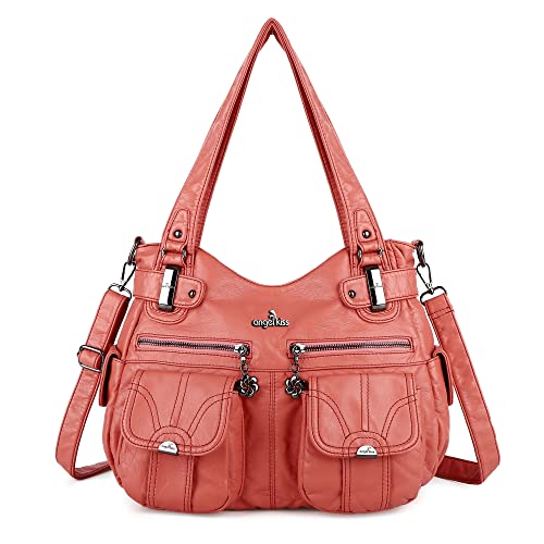 Image of Angel Kiss Women's Designer Handbag Large Double Zipper Multi Pocket Washed Leather Purse