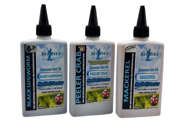 searigs Sea Fishing Extracted Bait Oils - 3 x 120ml Sample Pack Black Lugworm - Peeler Crab - Mackerel - Free Pulley Pennel Rig