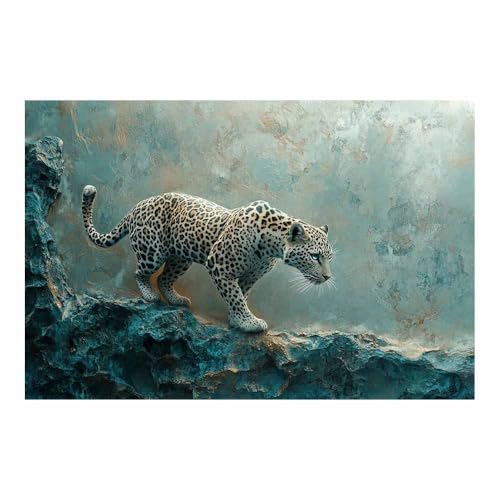 Léopard sur falaise poster turquoise toile déco salon moderne 70x100cm