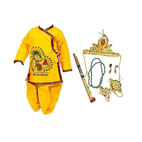 Image of PK HUB Krishna Dress for Kids - Janmashtami Costume Set of 8 Items | Yellow Cotton Dhoti Kurta, Mukut, Mala, Earrings, Bajuband, Kamarband & Murli | Comfortable Traditional Outfit