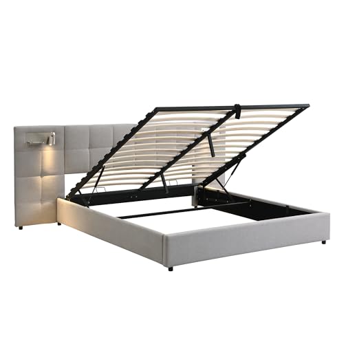 Aoskem Polsterbett Bett 180x200 cm Doppelbett mit Stauraum, Extrabreiter Kopfteil mit Leselicht&USB&KabellosesLaden, Stauraumbett Bettgestell mit Lattenrost, Funktionsbett, Ohne Matratze (Leinen Grau) – Bild 8