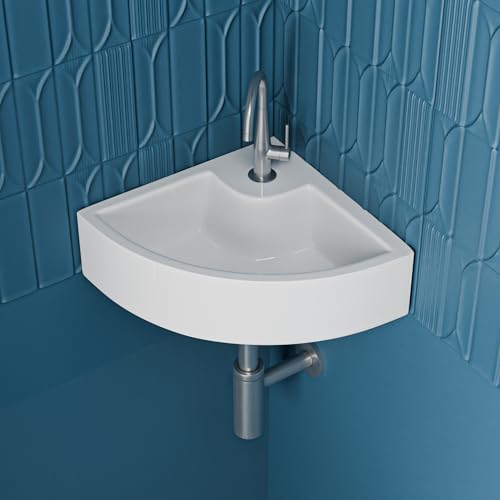 Image of Meta Bathware Premium Corner Wash Basin | Wall Mount And Table Top Ceramic Sink for Bathroom | Scratch Resistant & Easy Clean | Elegant White Glossy Finish (16.5x15x5 Inch)