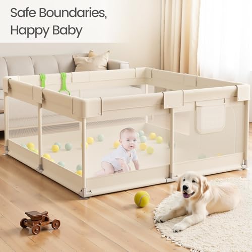 Julrrimg Laufstall Baby - 120x120 cm Laufgitter Baby mit Atmungsaktivem Netz & 2 Griffen, Beige