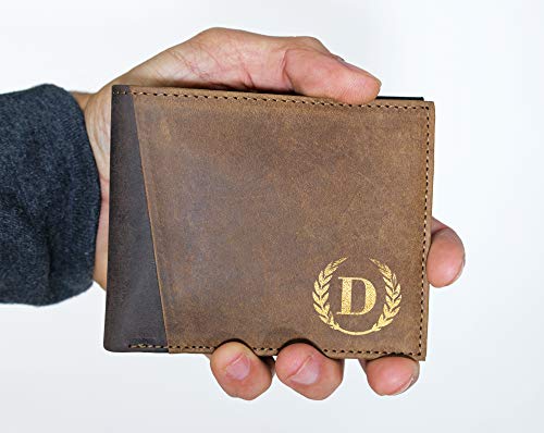 Wreathe Monogrammed Personalized Leather Brown Wallet Gold Initial Bifold Or Trifold Grandfather Gifts To My Son Best Grandpa Gift Wedding Party Thank You Groomsmen #TOP6
