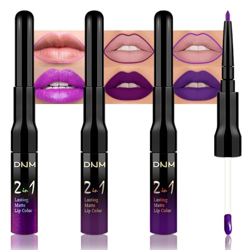 IATMOMOD 3Pcs 2 in 1 Lavender Dark Violet Purple Matte Lip Liner and Liquid Lipstick Stain Makeup Set for women, Long Lasting Smudge Proof Lip Tint Matte Finish Lip Gloss for All-Day Color Hold, Set24