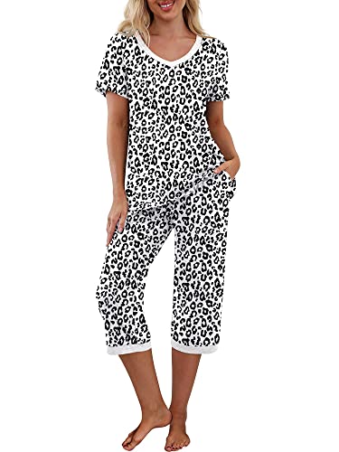 Women's Pajama Set Short Sleeve V Neck T-Shirt and Capri Pants Sleepwear Contrast Color Loungewear Homewear Outfits (Leopard White, L)