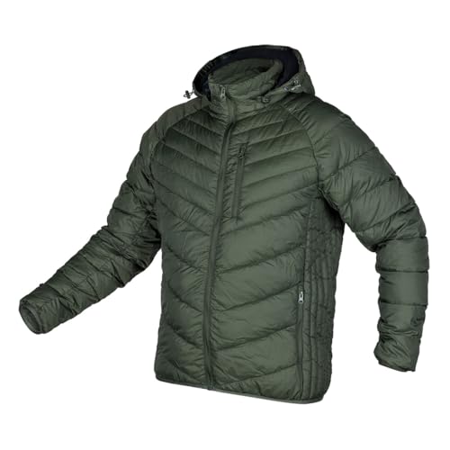 NEO TOOLS Mix&Match Veste matelassée à capuche - Légère et chaude, coupe-vent, poches zippées, capuche réglable, étiquette nominative, veste de travail et veste de loisirs, olive et noir, 3XL