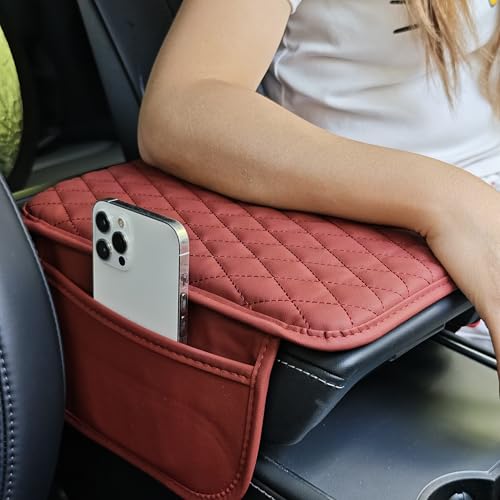 XUPEIXUN Car Center Console Cover,Microfiber Leather Car Armrest Cover Cushion with Storage Bags, Universal Car Armrest Storage Box Car Interior Accessories for Most Vehicles, Red — view 4