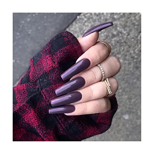 Press on Nails Long Color Gel Fake Nail, Solid Color Manicure Set Including Jelly Glue, Nail File, Cuticle Stick, 24 Pcs. (dark purple – glossy)