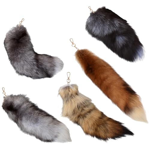 5Pcs Faux Fur Fox Tail Keychain, Furry Animal Tail Charm Pendant for Women Cosplay Accessories