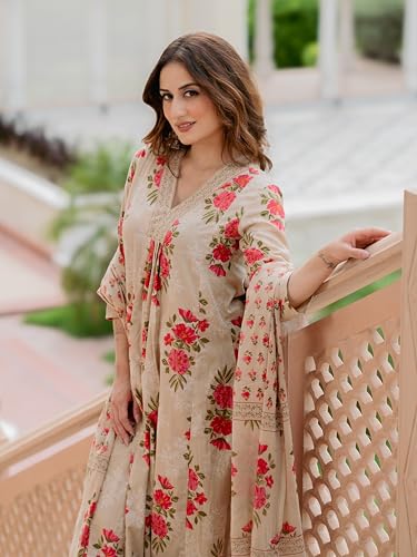 Image of Arayna Women's Pure Cotton Floral Printed Kurta Pant Dupatta Set | Elegant Ethnic Suit Set with Soft Floral Motifs | Straight Fit 3-Piece Set for Women
