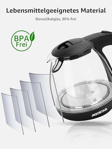 Aigostar Wasserkocher Klein 1L, Borosilikatglas mit LED Beleuchtung 2200W – Ansicht 4